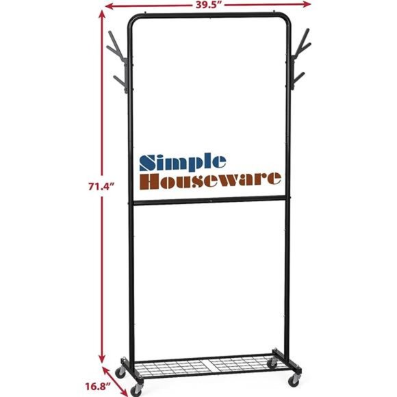 Simple Houseware Double Rod Garment Rack With Wheels and Hooks, Black - Picture 5 of 6